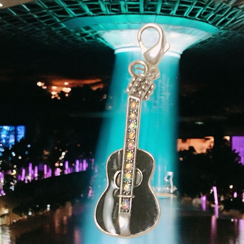 Guitar Black, Silver, & Crystal w/Lobster clasp Zipper pull, purse, shoe Charm - Picture 2 of 3